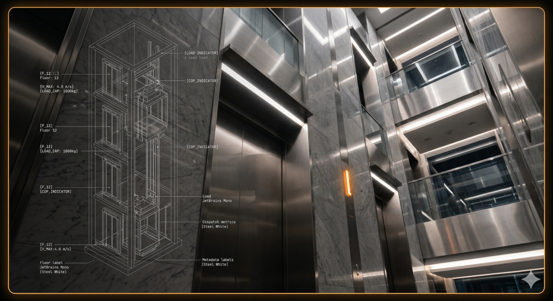 Modern elevator shaft with engineering blueprint overlay